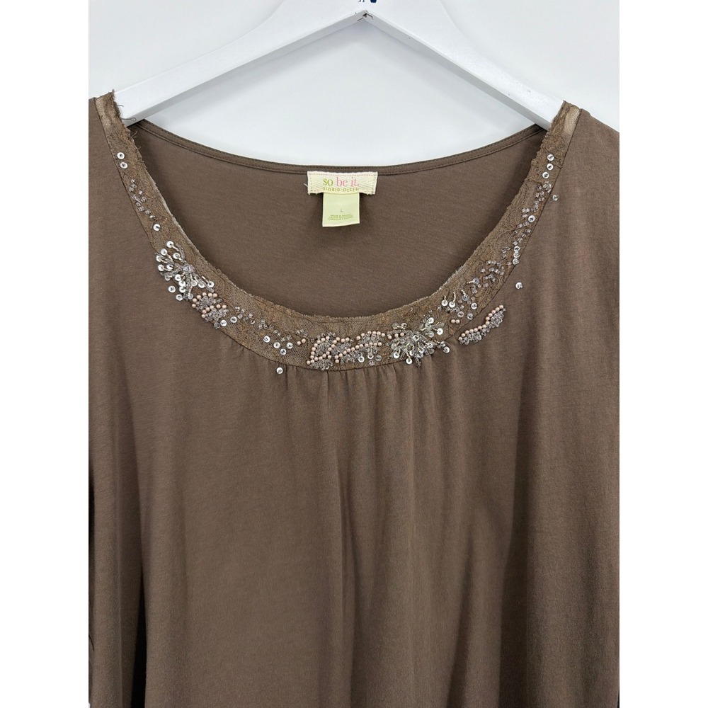 So Be It Sigrid Olsen Brown Cotton Sequin Lace Trim Scoop Neck Long Sleeve Top L - Picture 3 of 6